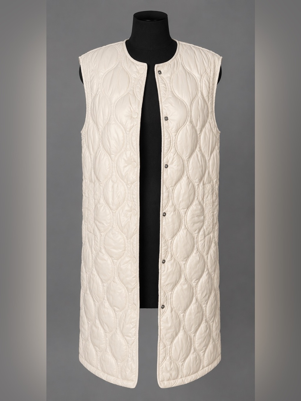 Joie Cream Quilted Sleeveless Long puffer Vest, snap kick pleats.
